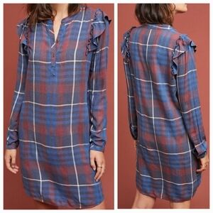 Cloth & Stone Plaid Ruffle Long Sleeve Shirt Dress Size XS